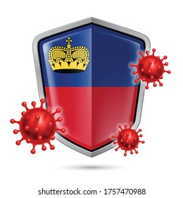 Flag of Liechtenstein on Metal Shiny Shield Icon and Red Corona Virus Cells. Concept of Health Care and Safety Badge. Security Safeguard Metal Label with flag colors