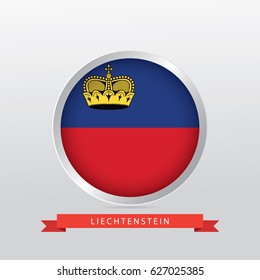 Flag of Liechtenstein in shiny circle with red ribbon on gradient gray background.