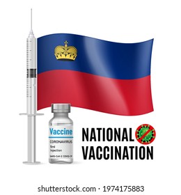 Flag of Liechtenstein with Vaccine Immunization Syringe and the Vial of Antibiotic for Vaccination. Concept of Health Care and National Vaccination with flag colors