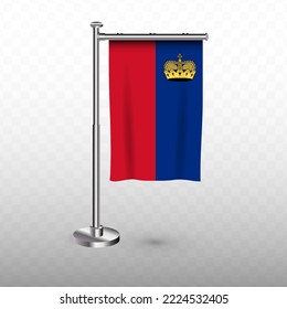 Flag of Liechtenstein. Vector illustration of a vertical hanging flag with flagpole on a transparent background (PNG).