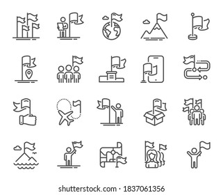 Flag line icons. Leadership, Goal Success, Winner with Flag. Navigation Map, Travel goal destination, People protest line icons. Mountain with Flag pole, Delivery box, Ownership. Vector