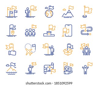 Flag line icons. Leadership, Goal Success, Winner with Flag. Navigation Map, Travel goal destination, People protest line icons. Mountain with Flag pole, Delivery box, Ownership. Vector