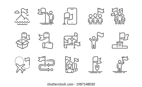 Flag line icons. Leadership, Goal Success, Winner with Flag. Navigation Map, Travel goal destination, People protest line icons. Mountain with Flag pole, Delivery box, Ownership. Linear set. Vector