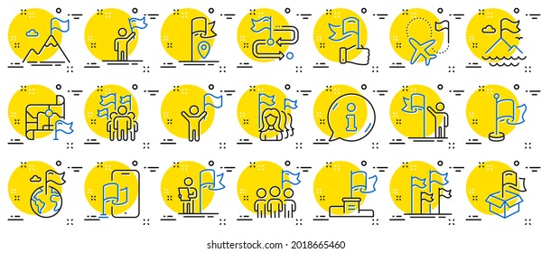 Flag line icons. Leadership, Goal Success, Winner with Flag. Navigation Map, Travel goal destination, People protest line icons. Mountain with Flag pole, Delivery box, Ownership. Vector