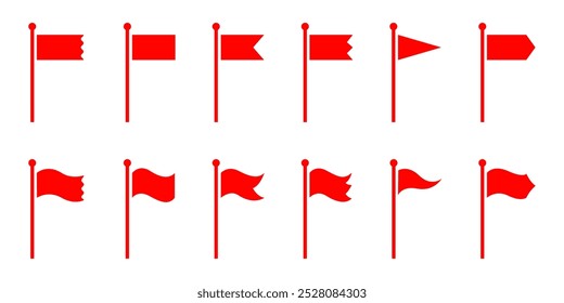 Flag line icons set. Red flag icons. Waving flag icon. Location map pin icon. Pinpoint symbol. GPS location symbol. Vector illustration.