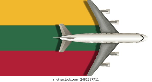 Flag of Lithuania with an airplane flying over it close up. Vector image.