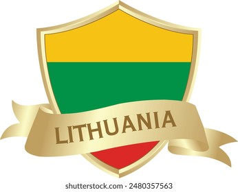 Flag of lithuania as around the metal gold shield with lithuania flag