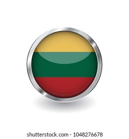 Flag of lithuania, button with metal frame and shadow. lithuania flag vector icon, badge with glossy effect and metallic border. Realistic vector illustration on white background.