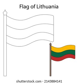 Flag of Lithuania. Color the flag according to the given example. Vector illustration. Coloring book for children. The fabric is decorated with three stripes. The national symbol of the state 