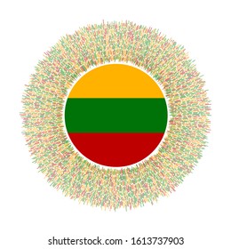 Flag of Lithuania with colorful rays. Radiant country sign. Shiny sunburst with Lithuania flag. Trendy vector illustration.
