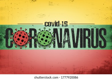 Flag of Lithuania with coronavirus covid-19. Virus cells coronavirus bacteriums against background of the flag of Lithuania. Coronavirus outbreak in Lithuania. Mode quarantine. Vector illustration