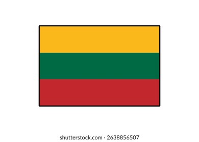 The flag of Lithuania displays three horizontal stripes colored yellow, green, and red. It symbolizes the nation's heritage and is a distinctive emblem of Lithuanian identity.