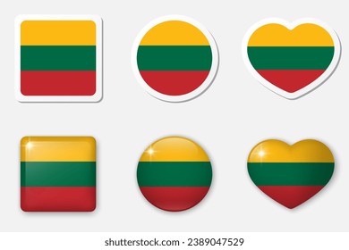 Flag of Lithuania icons collection. Flat stickers and 3d realistic glass vector elements on white background with shadow underneath.
