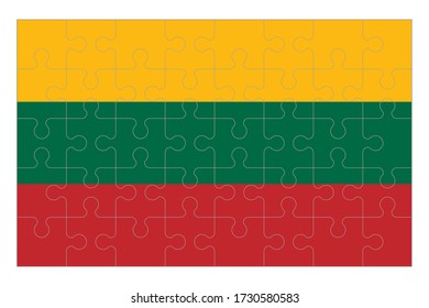 Flagge Litauens mit Puzzleteilen. Set aus vierzig Puzzleteilen. Darstellung des Vektors auf weißem Hintergrund.