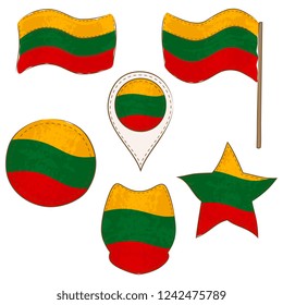 Flag of Lithuania Made in Different Variations, as Flag with and without Stick, in a Circle, as a Shield, Star and Map Pointer. Flag Shapes with Contours, Decorated with Stitch and Brush Texture.