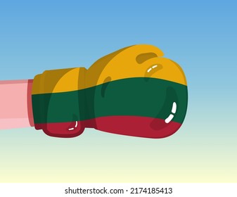 Flag of Lithuania on boxing glove. Confrontation between countries with competitive power. Offensive attitude. Separation of power. Template ready design.