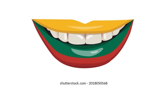 The flag of Lithuania on the lips. A woman's smile with white teeth. Vector illustration.