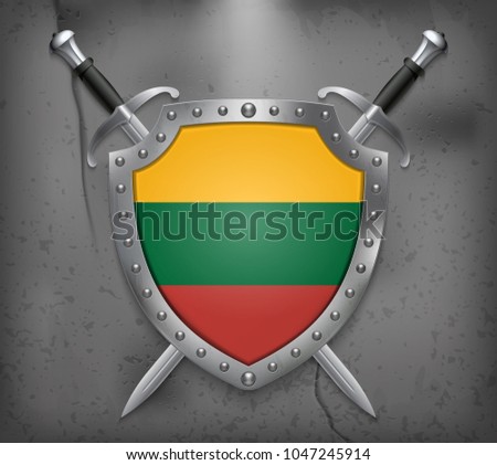 Flag of Lithuania. The Shield with National Flag. Two Crossed Swords. Vector Medieval Background
