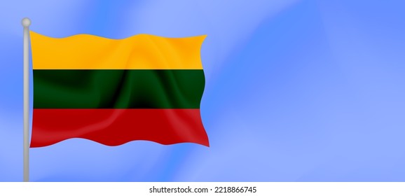 Flag of Lithuania waving against the blue sky. Horizontal banner design with Lithuania flag with copy space. Vector illustration
