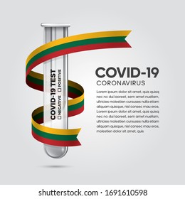 Flag of Lithuania waving in the wind with a Covid-19 (pandemic) blood test tube. 3D illustration concept for blood testing for diagnosis of the new Corona virus.