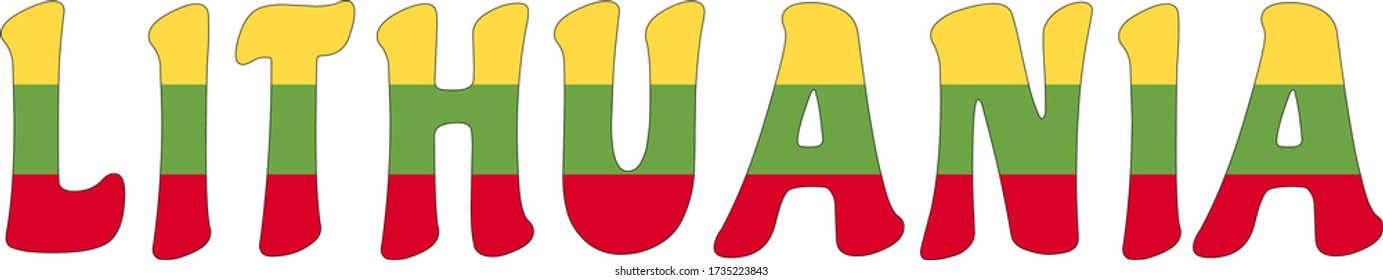 Flagge Litauens, gelb, grün und rot, in das Wort Litauen