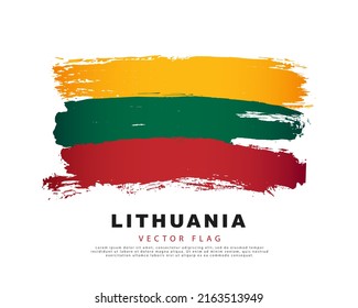 Flag of Lithuania. Yellow, green and red hand-drawn brush strokes. Vector illustration isolated on white background. Colorful Lithuanian flag logo