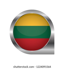 Flag of Lituania, location map pin, pointer flag, button with the reflection of light and shadow, silver frame, Icon country. Realistic vector illustration on white background.