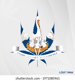 Flag of Louisiana in Marijuana leaf shape. The concept of legalization Cannabis in Louisiana. Medical cannabis illustration.