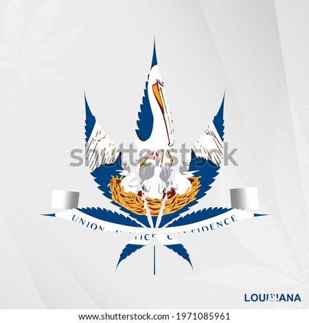 Flag of Louisiana in Marijuana leaf shape. The concept of legalization Cannabis in Louisiana. Medical cannabis illustration.