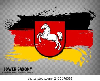 Bandera de Baja Sajonia de pinceladas. República Federal de Alemania.  Estado de la bandera ondeante de Baja Sajonia con título en fondo transparente para el diseño de su sitio web, aplicación, UI. Alemania. Vector. EPS10.