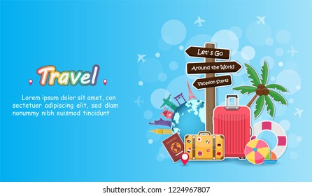 flag luggage and accessories travel around the world concept summer banner. plane check in Invitation on blue bokeh Background. Top world famous landmark. content paper art, vector, Card, Poster,
