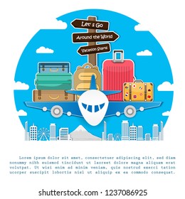 flag luggage travel around the world concept summer banner. plane check in Invitation on blue Background. content paper art, vector, Card, Poster,
