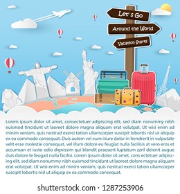 
flag luggage travel around the world concept summer banner. holidays and vacation. famous landmark items are include air world heritage vector, Card for greeting Poster, paper art, 