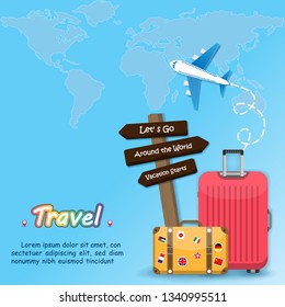 flag luggage travel around the world concept summer banner. airplane, plane check in Invitation on wood blue Background. content paper art, vector, Card, Poster,