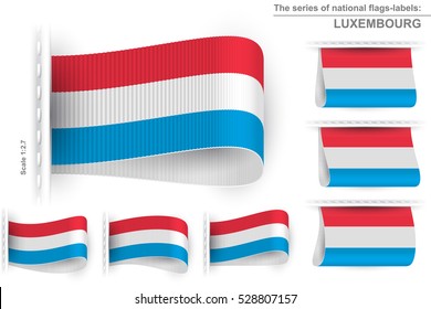 Flag of Luxembourg is embroidered on the textile tag and sewn with a thread stitch; Set of vector realistic icons from flag of Grand Duchy of Luxembourg from a fabric loop