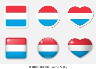 Flag of Luxembourg icons collection. Flat stickers and 3d realistic glass vector elements on white background with shadow underneath.