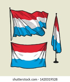 Flag of Luxembourg on the wind and on the wall - vector drawing illustration set