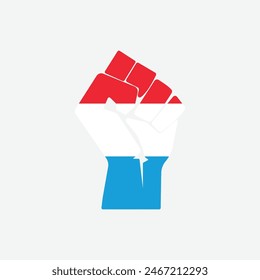 Flag of Luxembourg in the shape of raised hand sign isolated on background. Fist symbol modern, simple, vector, icon for website design, mobile app, ui. Vector Illustration