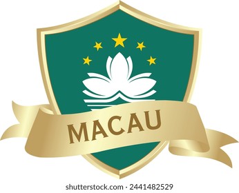 Flag of macau as around the metal gold shield with macau flag