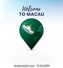 Flag of Macau in shape of map pointer or marker. Welcome to Macau. Vector illustration.