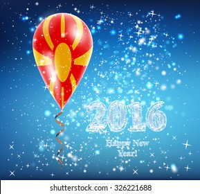 Flag of Macedonia in a balloon. The celebration and gifts on Happy New Year. Merry Christmas. The sky sparkles with stars and snowflakes. Image. Vector. Icon.