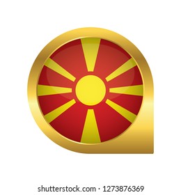 Flag of Macedonia, location map pin, pointer flag, button with the reflection of light and shadow, gold frame, Icon country. Realistic vector illustration on white background.