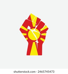 Flag of Macedonia in the shape of raised hand sign isolated on background. Fist symbol modern, simple, vector, icon for website design, mobile app, ui. Vector Illustration