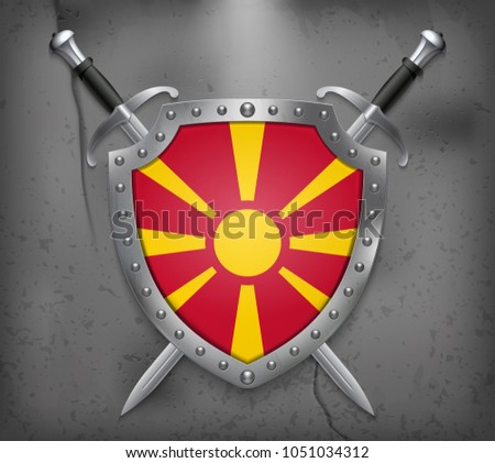 Flag of Macedonia. The Shield with National Flag. Two Crossed Swords. Vector Medieval Background