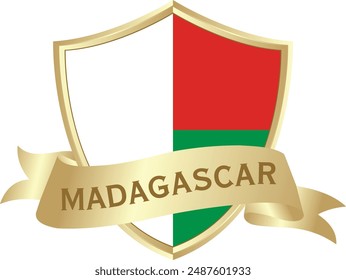 Flag of madagascar as around the metal gold shield with madagascar flag