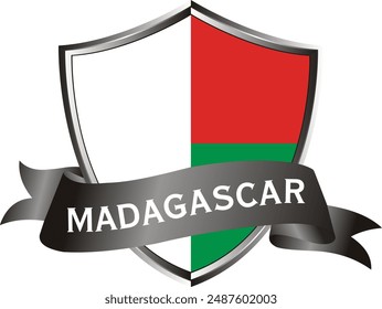 Flag of madagascar as around the metal silver shield with madagascar flag