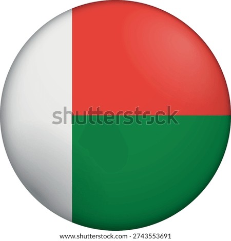 Flag of Madagascar. Glossy circular flag. Button appearance. 3D Icon Design with depth. Professional, tactile look. Perfect for representing national identity in digital interfaces and perfect for websites.
