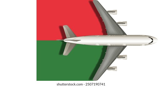 Flag of Madagascar with a plane flying over it close up. Vector image.