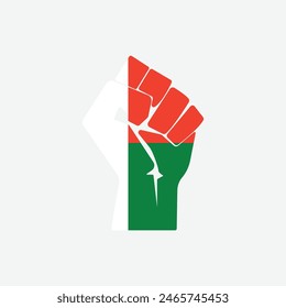 Flag of Madagascar in the shape of raised hand sign isolated on background. Fist symbol modern, simple, vector, icon for website design, mobile app, ui. Vector Illustration