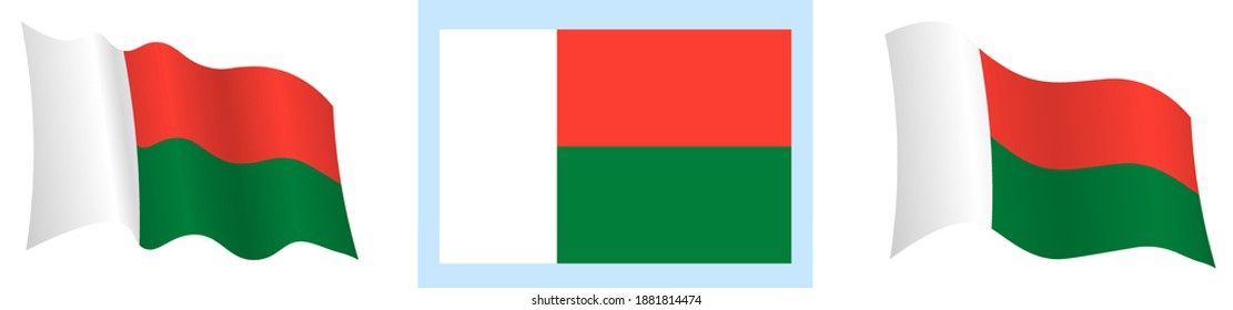 flag of madagascar in static position and in motion, fluttering in wind in exact colors and sizes, on white background
